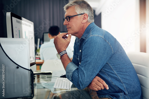 Tableau sur toile Computer, reading or man in agency for market research, data analysis or review consumer trend