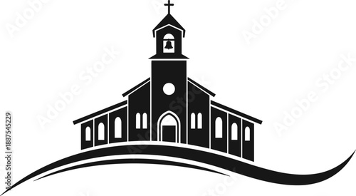 Christian church silhouette illustration, religious building architecture with cross tower, black spiritual landmark design isolated on white background