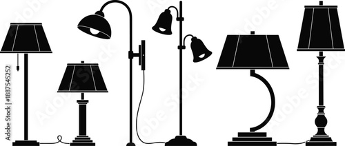 Floor and table lamp silhouette set, modern vintage lighting fixtures collection, black lamp icons isolated on white background, vector illustration