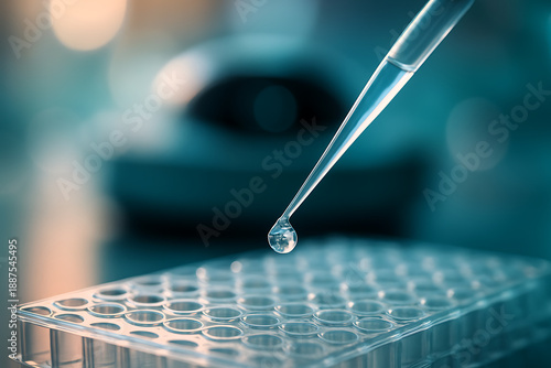 Laboratory pipette tip dispensing a single drop of liquid into a multi-well microplate for high-throughput screening and medical testing