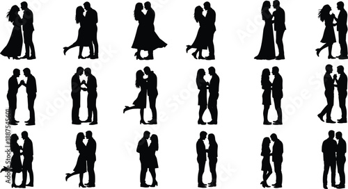 Romantic couple silhouette collection, love and wedding poses, man and woman relationship scenes, isolated black figures on white background