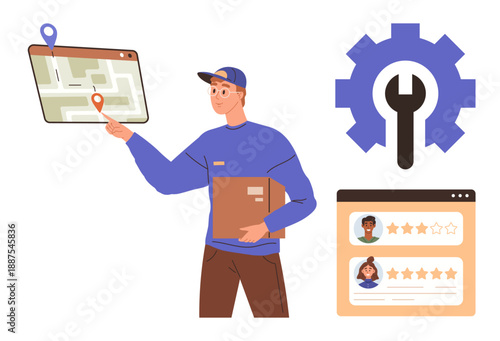 Delivery services, logistics tracking, customer service management, rating systems, e-commerce tools, technical support. Courier pointing at map, holding a package. Delivery services and logistics