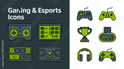 a collection of gaming and esports icons including controllers headphones trophy and console designs in a light green and grey color scheme high quality professional detailed