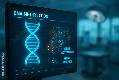 Computer monitor showing a detailed DNA methylation dashboard with gene activation and silencing metrics for epigenetic research in a laboratory