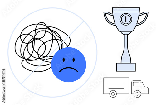 Success concept. Transitioning from difficulties ed by sad face and tangled lines to achieve goals by trophy and truck. Success in delivery, achievement, business growth, and motivation
