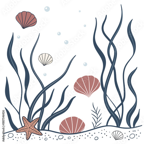 Underwater seascape with shells and seaweed