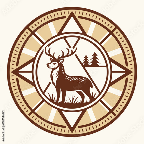 An emblem featuring a deer in a circular frame surrounded by geometric patterns and forest elements