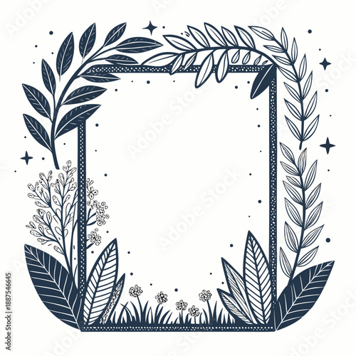 Ornate botanical frame with leaves and flowers in a decorative square border, surrounded by stars and foliage