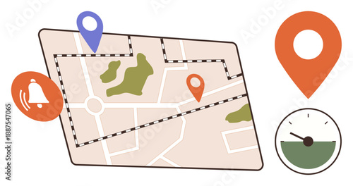 Navigation, travel, GPS tracking, route planning, geolocation, real-time updates. Map with two location pins, notification bell and speedometer. Navigation and GPS tracking concept