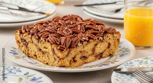 Wallpaper Mural A close-up view of a delicious slice of pecan cinnamon bread on a decorative floral plate, showcasing a sweet baked pastry. Torontodigital.ca