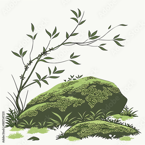 Nature illustration of mossy rock and branch