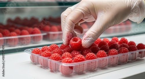 Wallpaper Mural Hand in a transparent glove carefully picking a ripe fresh raspberry from a plastic container filled with berries. Torontodigital.ca