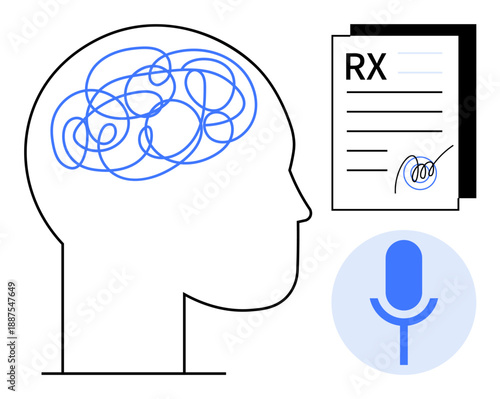 Healthcare communication, mental health, prescriptions, voice recognition, digital tools, cognitive therapy. Silhouette of head with tangled brain, document microphone. Mental health and healthcare