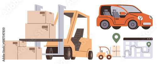 Logistics, supply chain, delivery services, warehouse management, transportation, e-commerce. Forklift moving boxes, car and digital map interface. Logistics and delivery services concept