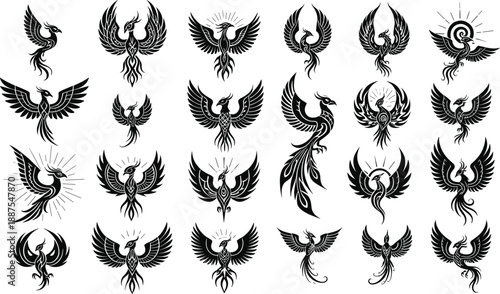 Large Set of Black Phoenix Mythology Silhouettes with Wings Spread for Tribal Tattoos Fantasy Logo Designs and Ancient Legend Graphic Illustrations