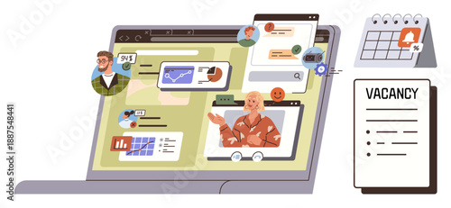 Remote work, virtual collaboration, job applications, online interviews, career technology, digital scheduling. Laptop screen with video chat, graphs resume documents and a calendar. Remote work