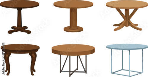 Set of Six Round Wooden Dining and Coffee Tables in Various Classic and Modern Styles for Interior Design Furniture Catalog and Home Decor Graphic Projects
