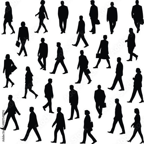 A large group of black silhouettes of men and women walking in different directions, conveying movement and activity