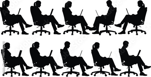 Array of black silhouettes showing individuals seated in office chairs, intently working on laptops, emphasizing productivity