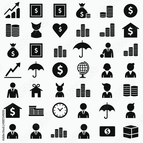 Solid Black Financial and Wealth Investment Glyph Icons Vector Collection