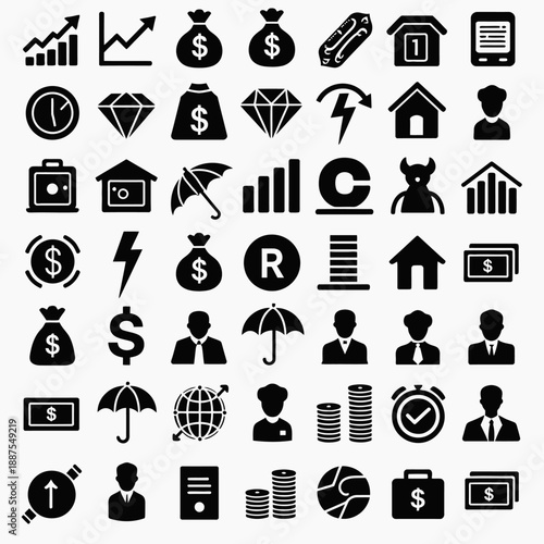 Solid Black Financial and Wealth Investment Glyph Icons Vector Collection