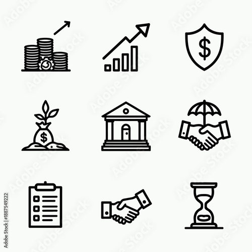 Linear Wealth Management and Financial Planning Icons Vector Set