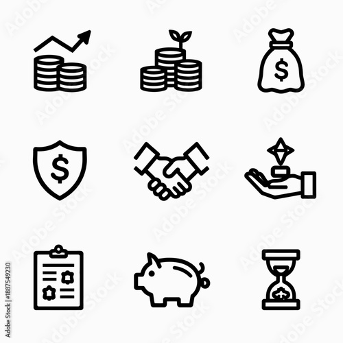 Linear Wealth Management and Financial Planning Icons Vector Set