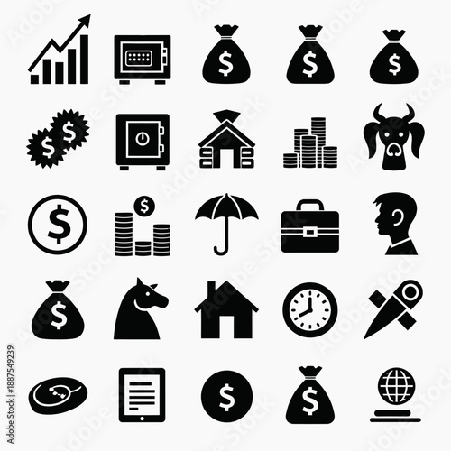 Solid Black Financial and Wealth Investment Glyph Icons Vector Collection