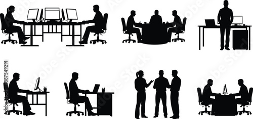 Array of office silhouettes depicting team collaboration, individual computer work, and group meetings around a large table and individual desks