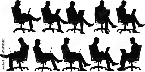 Assortment of black silhouettes of individuals seated in office chairs using laptops, showcasing diverse postures and focus