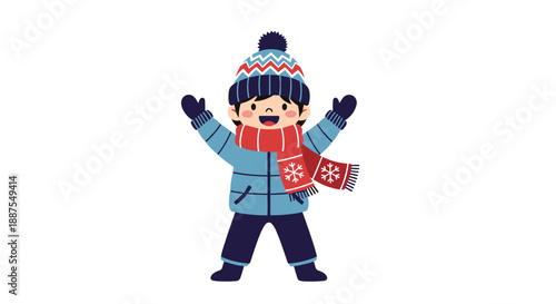 Happy young boy wearing a blue puffer jacket, red scarf, and wool hat with mittens for cold winter weather.