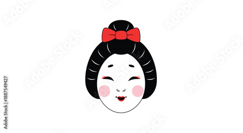 Traditional Japanese female character illustration featuring white theatrical makeup, elaborate black hairstyle adorned with a bright red bow.