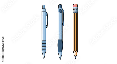 Collection of various writing instruments including a mechanical pencil, a stylish ballpoint pen, and a classic yellow wooden pencil.