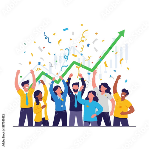 Diverse group celebrating success with rising graph and colorful confetti, viewed from the front
