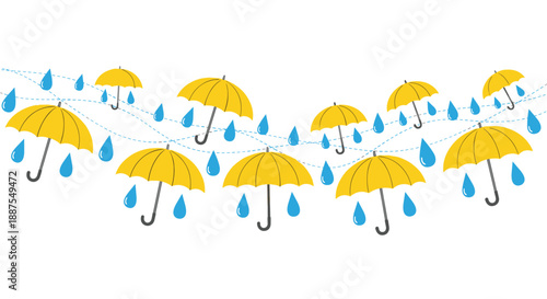 Playful illustration of bright yellow umbrellas and blue raindrops arranged in a wave pattern with dashed movement lines on a white backdrop.