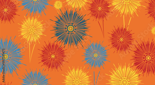 Vibrant seamless pattern with colorful sunburst floral motifs in red, yellow, and blue colors over a warm orange background for textile design.