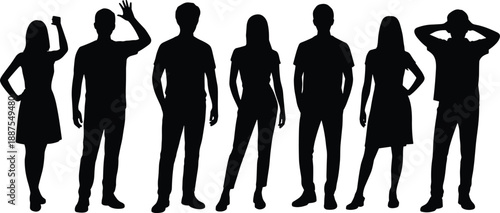 Black silhouettes of a diverse group of men and women standing with varied poses and expressions on a white background