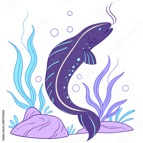 Illustrated purple fish in an underwater scene