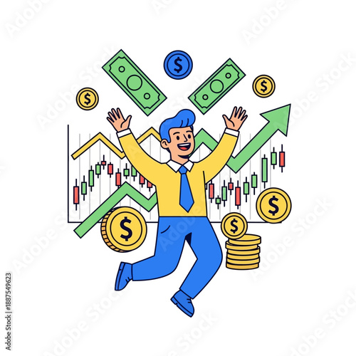 Man celebrating financial success surrounded by rising graphs and currency symbols in an upbeat illustration
