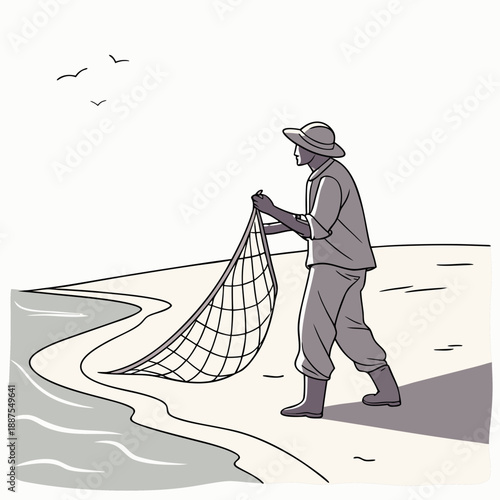 Fisherman with net by the shore
