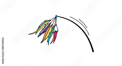 Colorful cat teaser toy with multiple feathers attached to black stick for pet play and exercise in indoor environment.