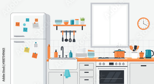 Contemporary kitchen interior featuring white refrigerator sink stove and various cooking tools on orange countertop workspace.