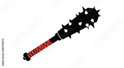 Black silhouette of primitive spiked wooden club with red wrapped handle for combat or historical weapon concept art.