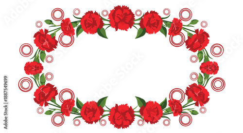Decorative oval frame composed of many red carnation flowers and green leaves with abstract circular patterns for cards.