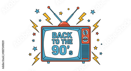 Vintage television set with antennas and lightning bolts displaying back to the nineties text on the screen.