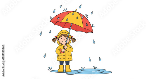 Little girl in a yellow raincoat and boots holding a red and yellow umbrella while standing happily in a rain puddle.