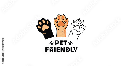 Three different colored animal paws with pet friendly text beneath them representing animal care and welcoming.