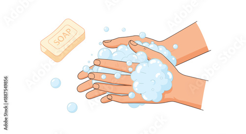 Two human hands being washed with a lot of white soap bubbles and a bar of soap next to them for hygiene awareness.
