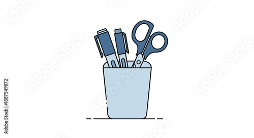 Blue pens and scissors kept in a grey stationery holder cup on a wooden desk surface for office supplies concept.