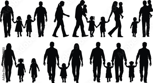 Collection of black silhouettes illustrating families and parents holding hands with children in various outdoor walking scenarios